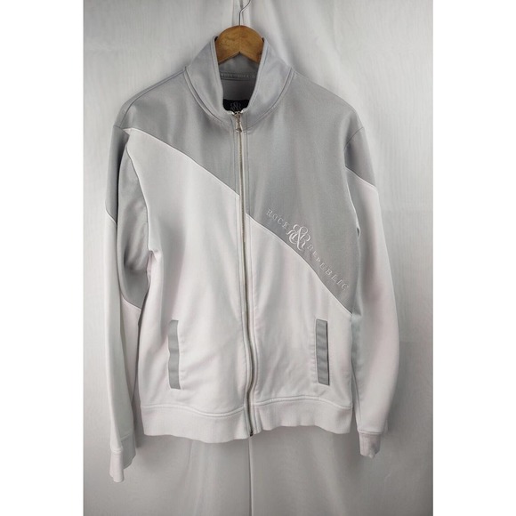 Rock & Republic Gray/White Track Jacket Men's Size Large Mock‎ Neck Ribbed Cuff - Picture 1 of 5